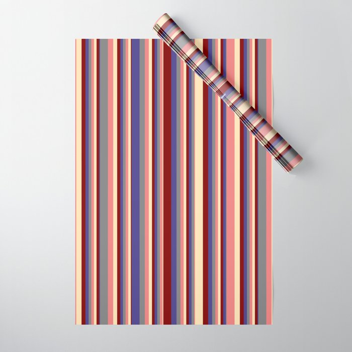 Eyecatching Grey, Dark Slate Blue, Maroon, Beige, and Light Coral Colored Striped Pattern Wrapping Paper