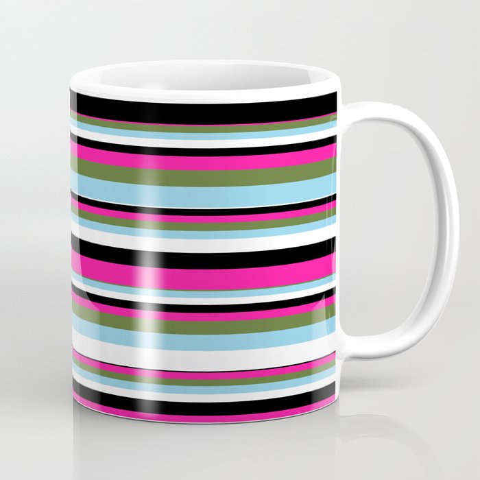Vibrant Deep Pink, Dark Olive Green, Sky Blue, White, and Black Colored Lined/Striped Pattern Coffee Mug