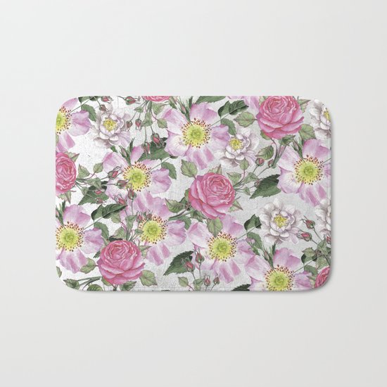 Vintage Rose Pattern Pink and White Bath Mat