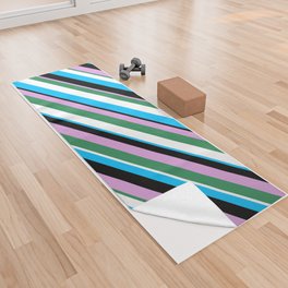 [ Thumbnail: Eyecatching Plum, Sea Green, White, Deep Sky Blue, and Black Colored Pattern of Stripes Yoga Towel ]