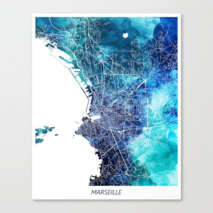 Marseille Map Navy Blue Turquoise Watercolor Marseille France City Map Canvas Print