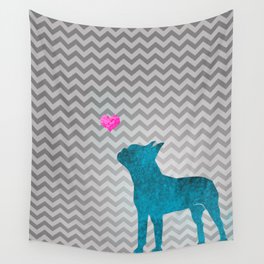 Teal Watercolor Boston Terrier Chevron Wall Tapestry