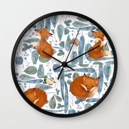 Fox family in the wild Wall Clock