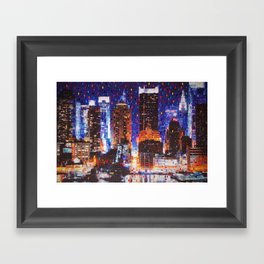 New York City in blue; Manhattan night time city lights, neon midtown landscape painting by Iliya Dakov Framed Art Print