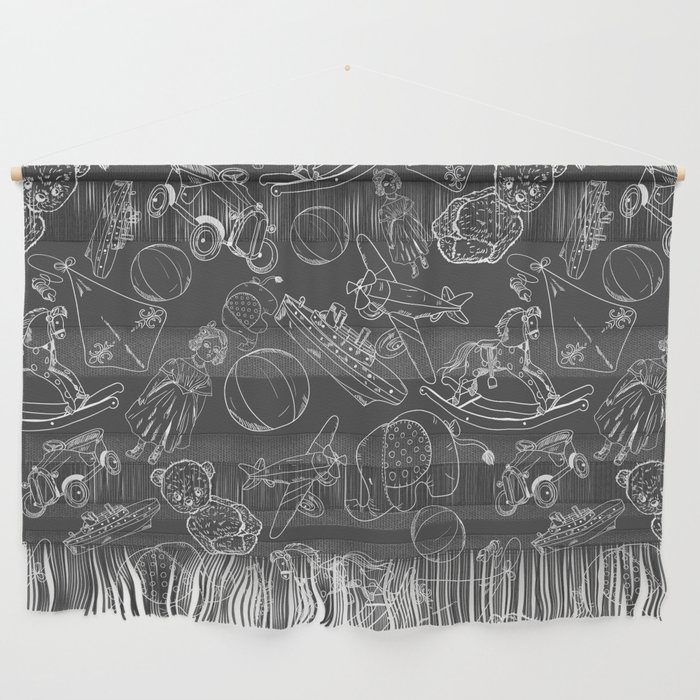 Dark Grey and White Toys Outline Pattern Wall Hanging