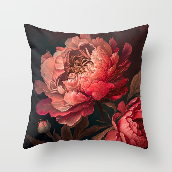 Fine art Oil Painterly Floral peony Dark coral Background Throw Pillow