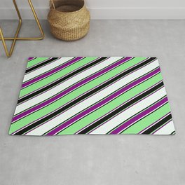 [ Thumbnail: Light Green, Purple, Mint Cream & Black Colored Lines Pattern Rug ]