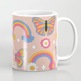 Retro daisies with butterflies, rainbow, daisies and sparkles.  Seamless pattern. Mug