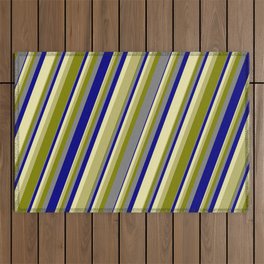 [ Thumbnail: Colorful Pale Goldenrod, Dark Khaki, Green, Grey & Blue Colored Lines/Stripes Pattern Outdoor Rug ]
