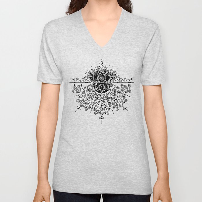 Lotus Blossom Mandala – Black Palette V Neck T Shirt