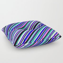 [ Thumbnail: Blue, Orchid, Black, Light Sea Green & Beige Colored Pattern of Stripes Floor Pillow ]