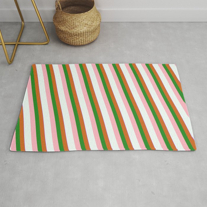 Orchid, Chocolate, Forest Green, Light Pink & Mint Cream Colored Striped/Lined Pattern Rug