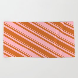 [ Thumbnail: Light Pink & Chocolate Colored Striped Pattern Beach Towel ]