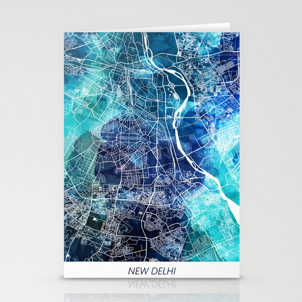 New Delhi India Map Navy Blue Turquoise Watercolor City Map Stationery Cards