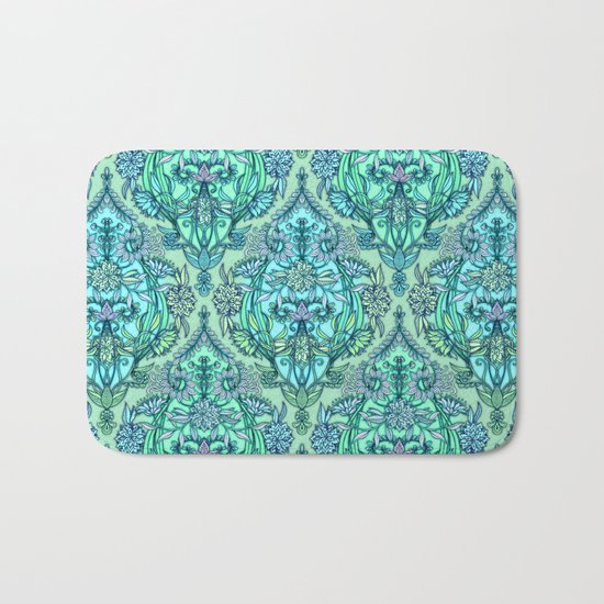 Botanical Moroccan Doodle Pattern in Mint Green, Lilac & Aqua Bath Mat