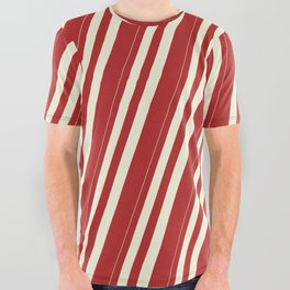 [ Thumbnail: Beige & Red Colored Lined/Striped Pattern All Over Graphic Tee ]