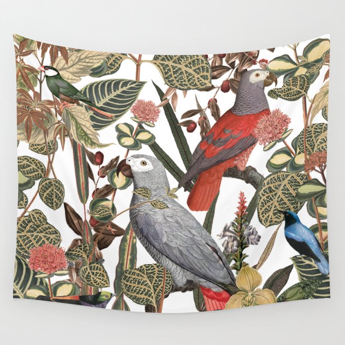Parrot, Vintage Tropical Birds Wall Tapestry
