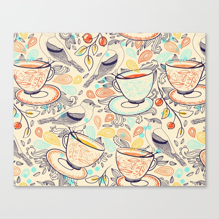 Birds, Flowers, and Tea Cups Pattern Canvas Print