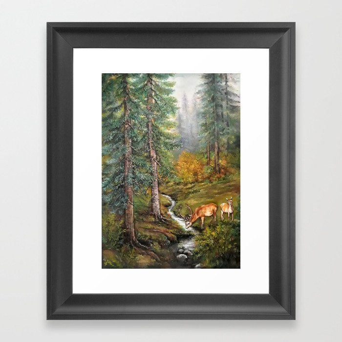 Deers by the mountain spring National park scene oil painting Framed Art Print