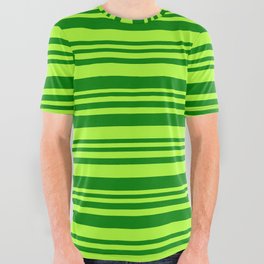 [ Thumbnail: Green and Light Green Colored Lined Pattern All Over Graphic Tee ]
