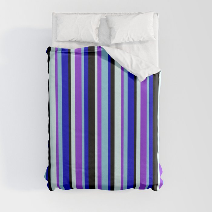 Vibrant Light Cyan, Purple, Sky Blue, Blue & Black Colored Stripes/Lines Pattern Duvet Cover