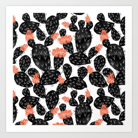 Cactus linocut black and white minimal art hipster decor botanical trendy desert Art Print