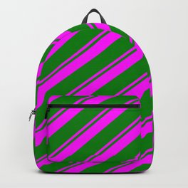 [ Thumbnail: Fuchsia & Green Colored Striped Pattern Backpack ]