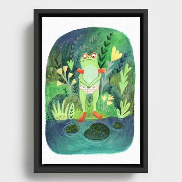 Frog going for a swim Framed Canvas