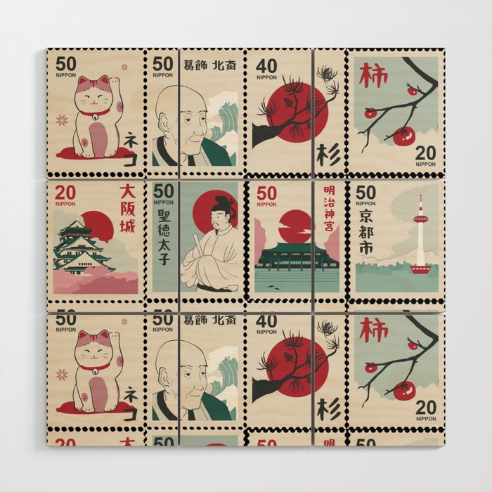 Japan Nippon Vintage Stamps Collection Wood Wall Art