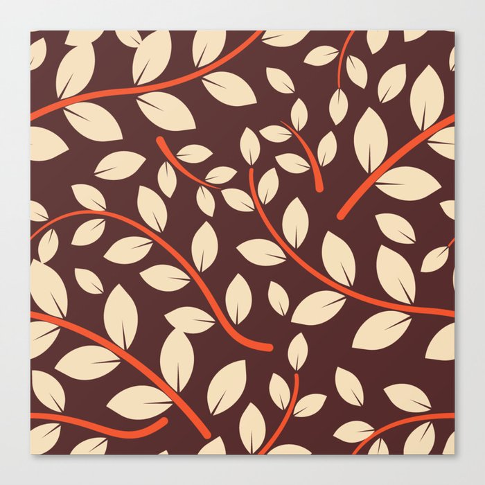 Retro Style Leaves Pattern - Dutch White and Brown Coffee Canvas Print