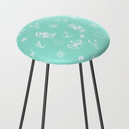 Mint Blue And White Silhouettes Of Vintage Nautical Pattern Counter Stool
