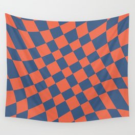 Abstract Warped Checkerboard pattern - Metallic Blue and Burnt Sienna Wall Tapestry