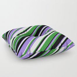 [ Thumbnail: Purple, Lavender, Forest Green & Black Colored Stripes Pattern Floor Pillow ]