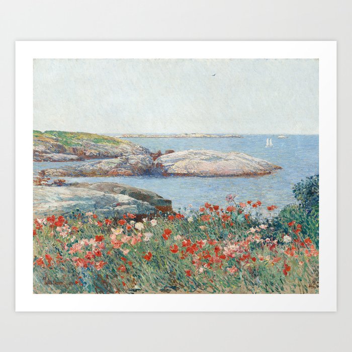 Poppies, Isles of Shoals rocky coastline seascape painting by Frederick Childe Hassam Art Print