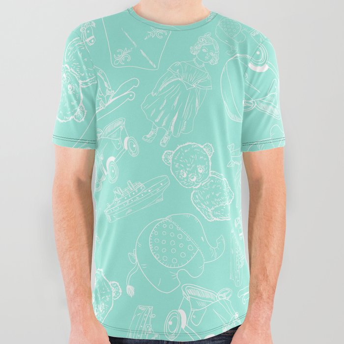 Mint Blue and White Toys Outline Pattern All Over Graphic Tee