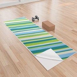 [ Thumbnail: Teal, Green, Beige & Light Sky Blue Colored Stripes/Lines Pattern Yoga Towel ]