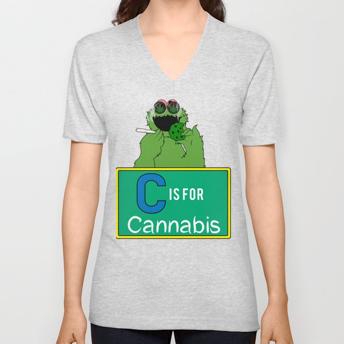 C is for Cannabis Green Monster eating Cookies and Smoking V Neck T Shirt