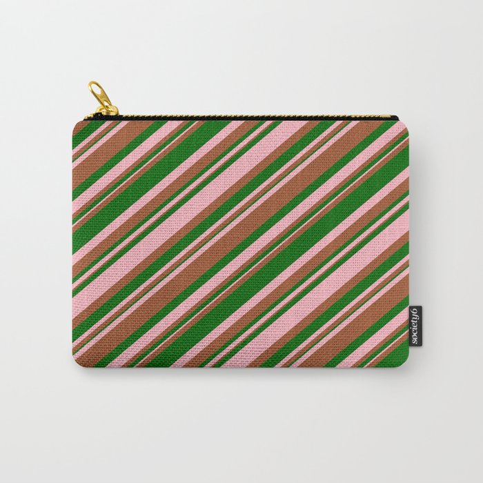 Light Pink, Sienna, and Dark Green Colored Stripes Pattern Carry-All Pouch