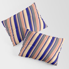[ Thumbnail: Dim Gray, Dark Salmon, Tan & Blue Colored Lined/Striped Pattern Pillow Sham ]