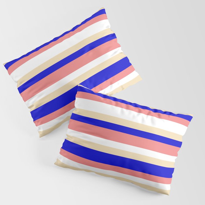 Blue, Light Coral, White & Tan Colored Lined/Striped Pattern Pillow Sham