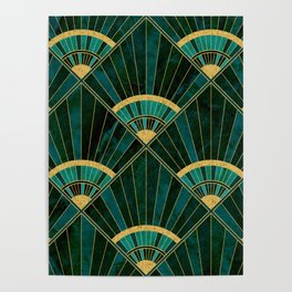 Art Deco Real Green Marbled Geometric Pattern Poster