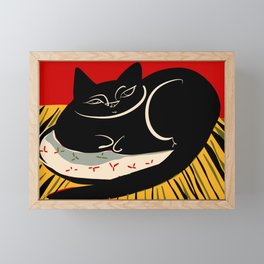 Black cat on a striped cushion Framed Mini Art Print