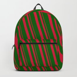 [ Thumbnail: Crimson & Dark Green Colored Lined/Striped Pattern Backpack ]