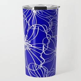 Floral, Line Art, Blue and White, Minimal Art Travel Mug