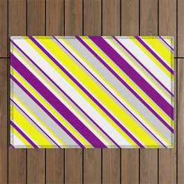 [ Thumbnail: White, Purple, Light Gray & Yellow Colored Lines Pattern Outdoor Rug ]