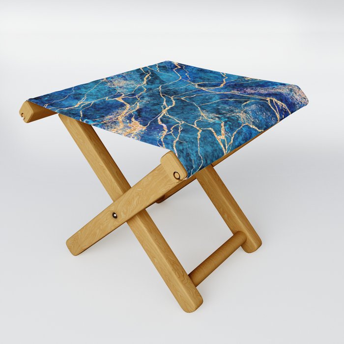 Ripples of Midnight Blue + Gold Marble Abstract Art Folding Stool