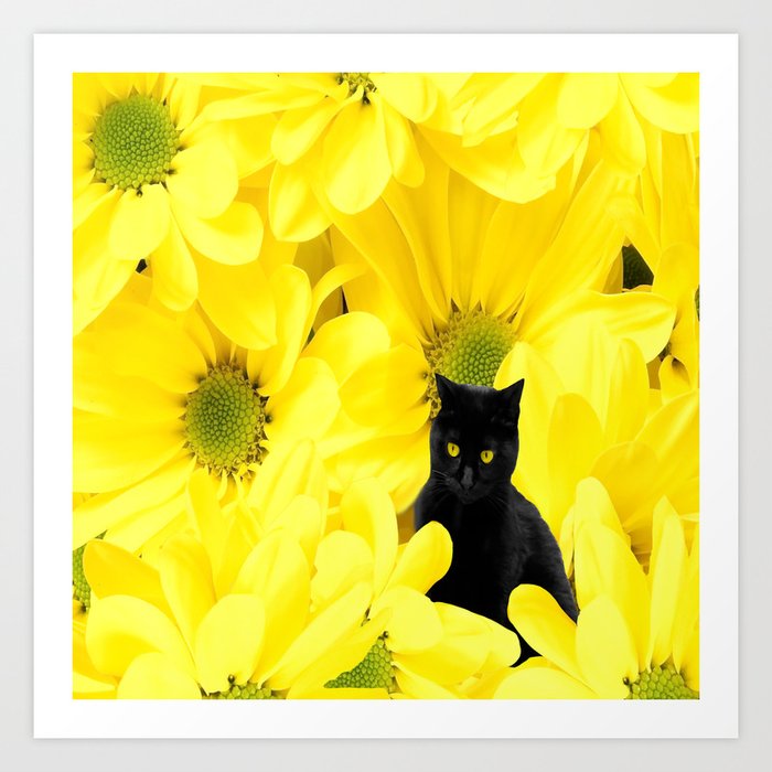 Black Cat Yellow Flowers Spring Mood #decor #society6 #buyart Art Print