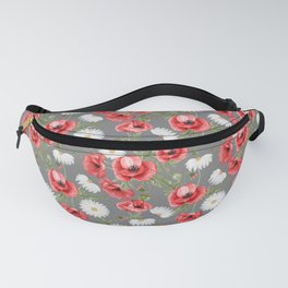 Daisy and Poppy Seamless Pattern on Grey Background Fanny Pack