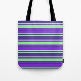 [ Thumbnail: Purple, Light Green & Dark Slate Blue Colored Lines/Stripes Pattern Tote Bag ]