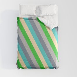 [ Thumbnail: Eyecatching Grey, Light Slate Gray, Turquoise, Beige & Lime Green Colored Stripes/Lines Pattern Comforter ]